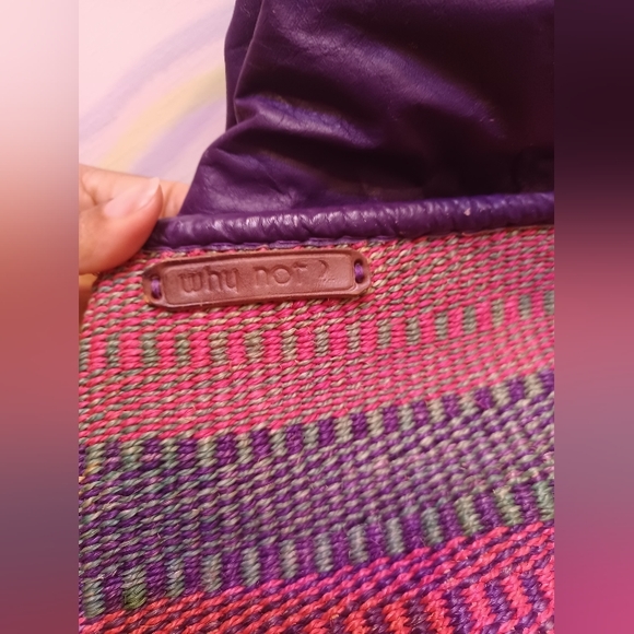 Colorful "Why Not" Purple Leather & Multi-color Woven Hemp Drawstring Bucket Bag - Picture 7 of 9